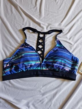 Title Nine Blue Striped Bikini Top with Lattice Back
